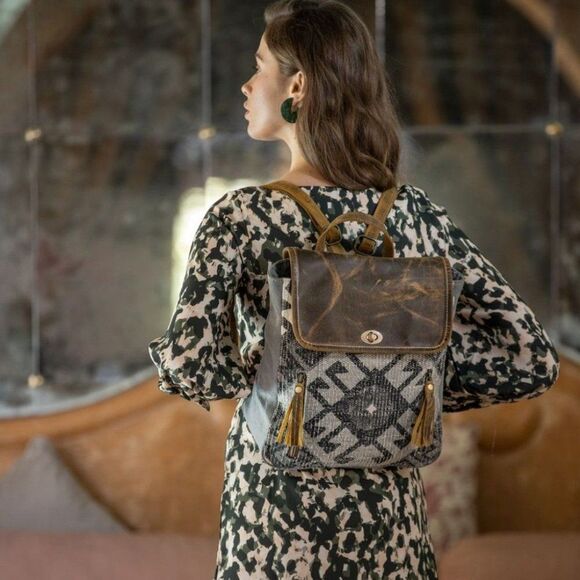 Myra Bag Handmade Felicity Backpack Upcycled Canvas & Cowhide Leather - Picture 7 of 7